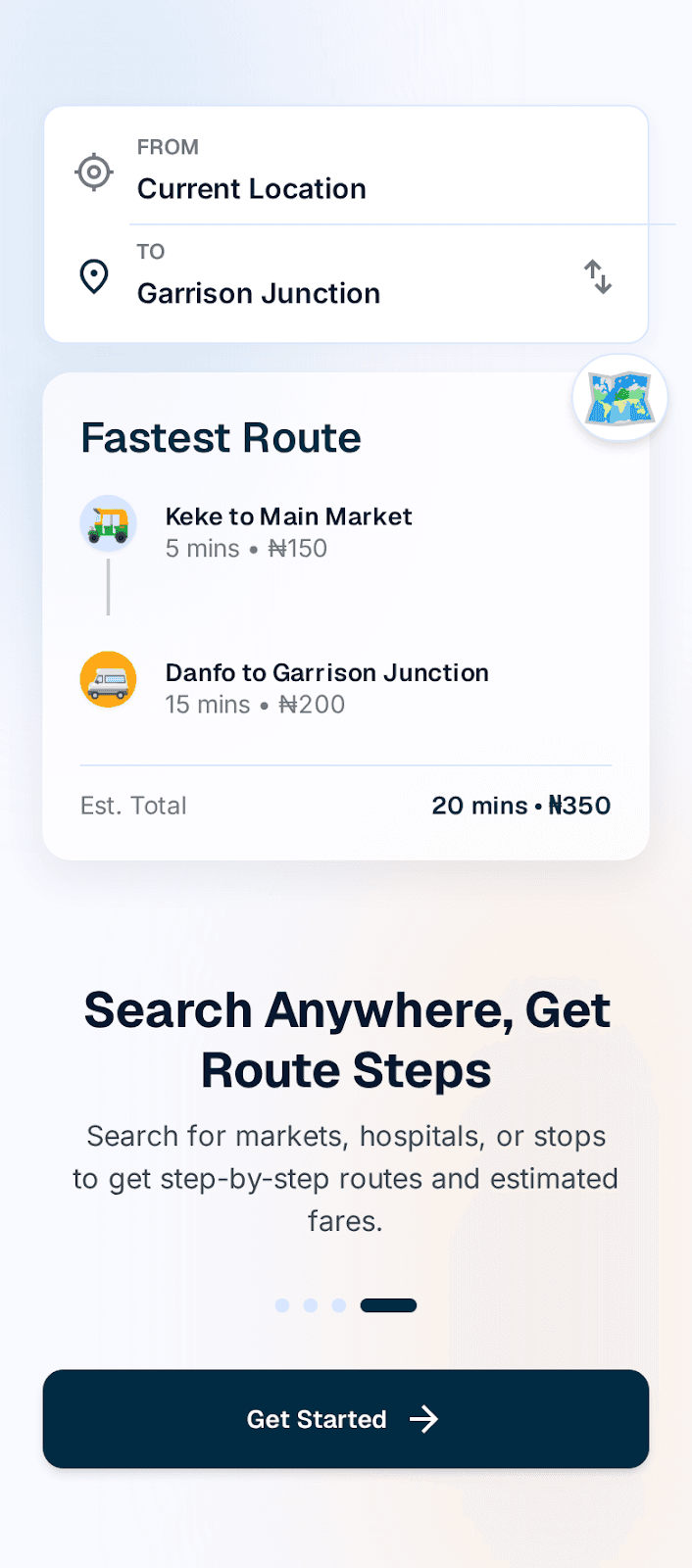 Drop route finder showing a multi-leg journey with fare estimates