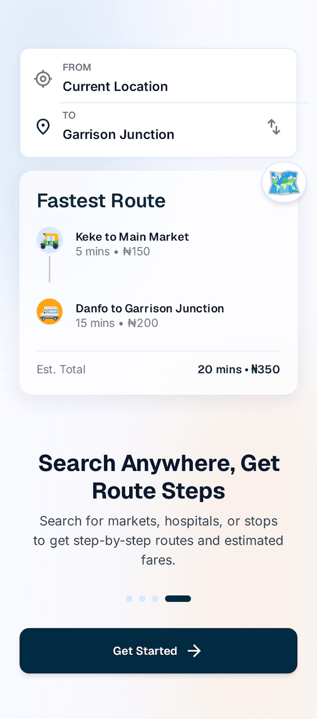 Smart routing screen with multi-leg fare estimates in naira